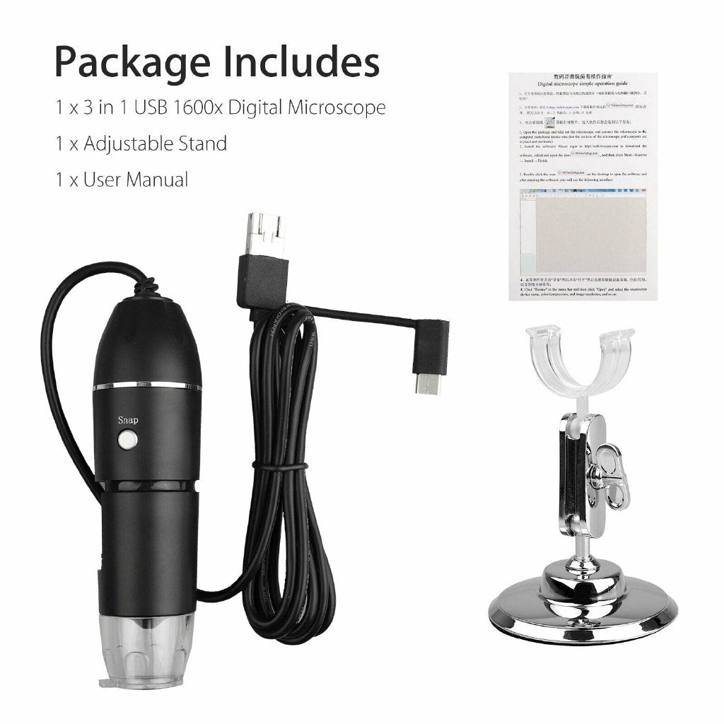 3-in-1 1600X 8-LED USB Digital Microscope with Stand