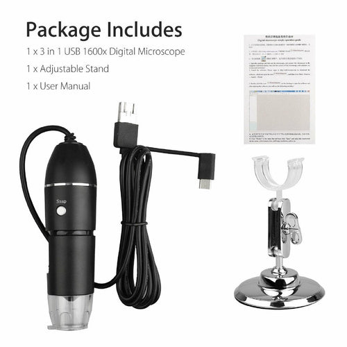 3-in-1 1600X 8-LED USB Digital Microscope with Stand