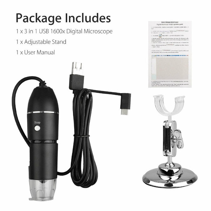 3-in-1 1600X 8-LED USB Digital Microscope with Stand