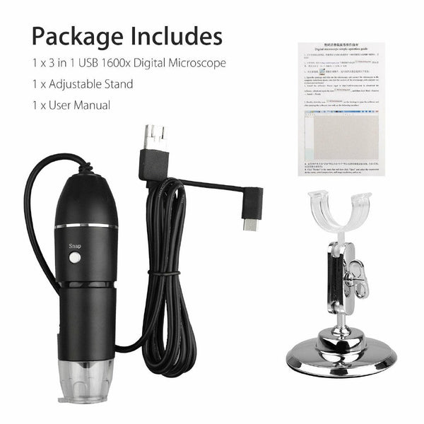 3-in-1 1600X 8-LED USB Digital Microscope with Stand