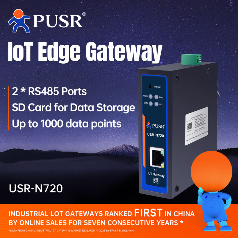 Edge Computing IoT Gateway 2xRS485 with SD Card Modbus/MQTT RS485 to Ethernet DL645 MQTT RISC-V 600MHz USR-N720-ETH