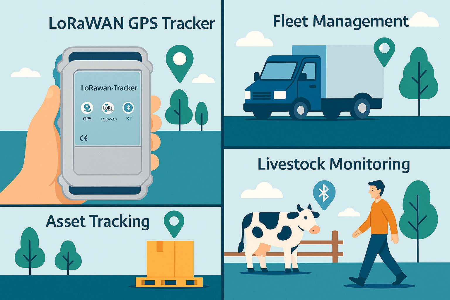 AN-122B LoRaWAN GPS Tracker asset fleet and livestock tracking applications infographic
