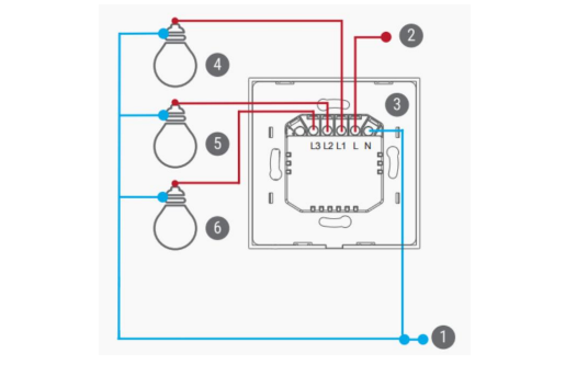 Winext DS-103 3-Gang Smart Switch wiring diagram for neutral, live and L1-L3 lamp outputs
