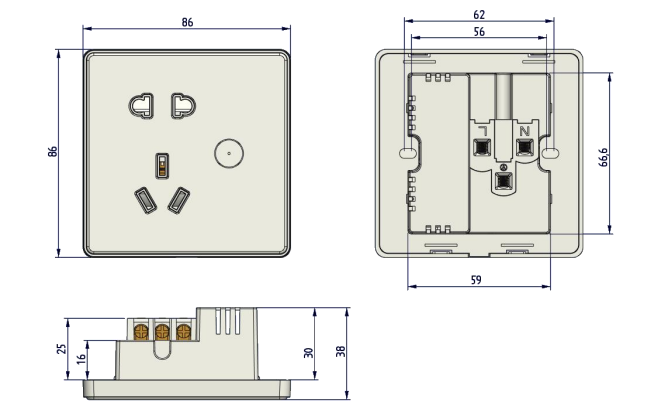 DS-501 Smart Wall Socket dimensions and installation drawing