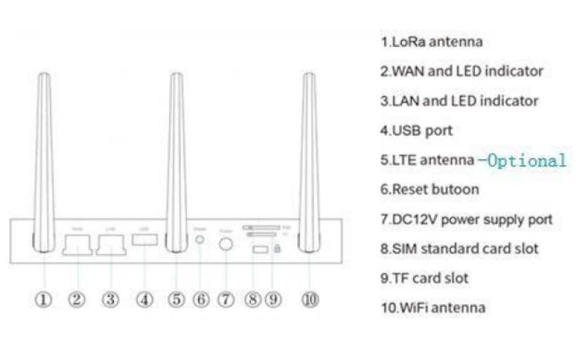 GW1000 LTE gateway Rear panel ports and antenna identification