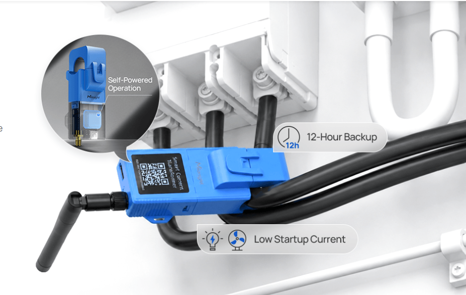 Milesight CT10x family self-powered current monitoring illustration with backup operation depiction