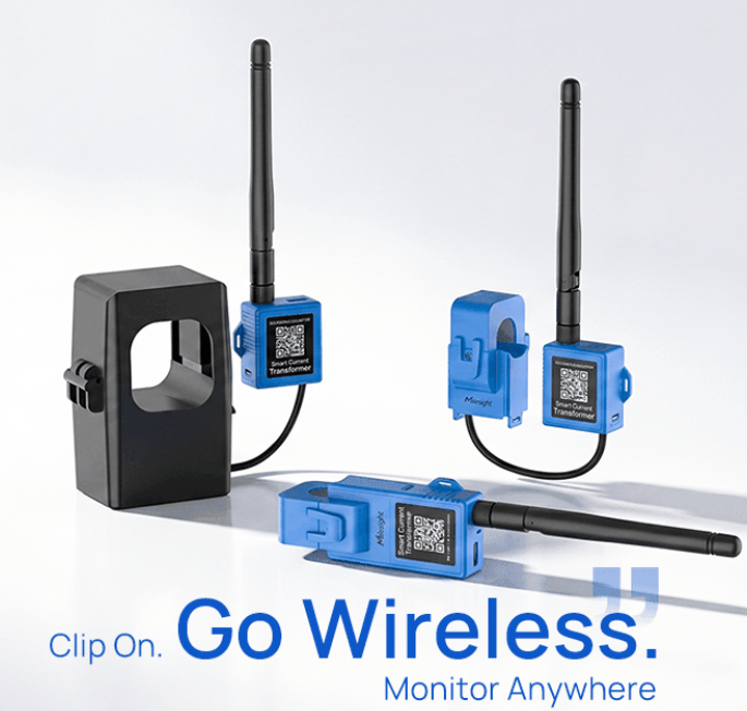Milesight CT10x smart current transformer family illustrated with black and blue clamp-on wireless sensor variants