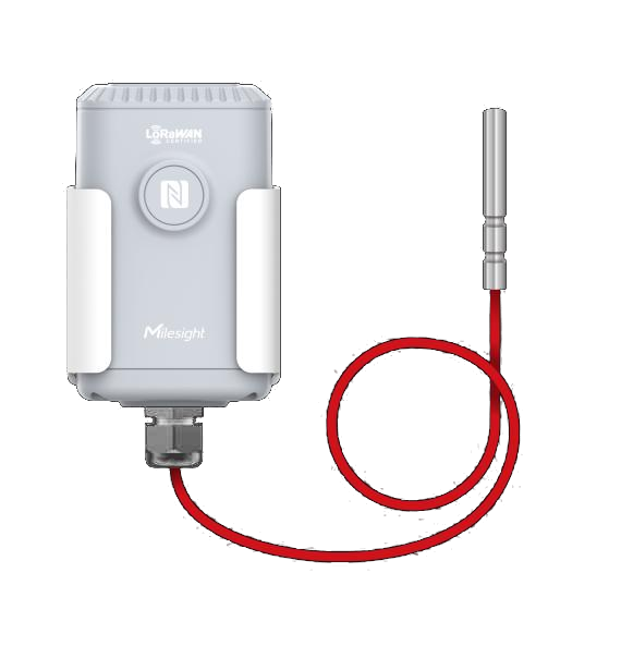 Milesight EM500-PT100-915M T200 Class A temperature sensor, red Teflon cable and IP67 stainless steel probe with LoRaWAN transmitter