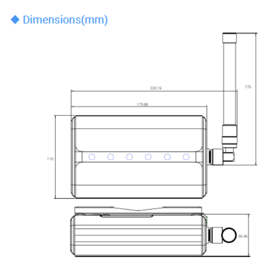 UG65 front and top dimensions in millimetres