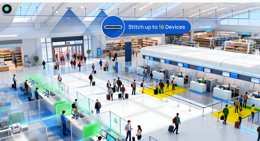 Milesight VS126 people counter demonstrating stitching of up to 16 devices in a large transport terminal