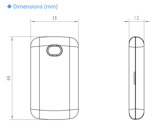 Milesight WS201 dimensions drawing: 66 × 38 × 12 mm