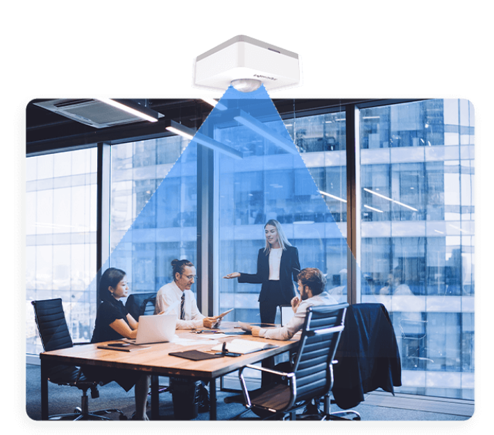 Milesight WS202 PIR motion sensor covering people in a meeting room