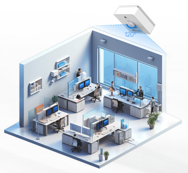 Milesight WS202 PIR sensor installed in an office with 120 degree motion detection coverage