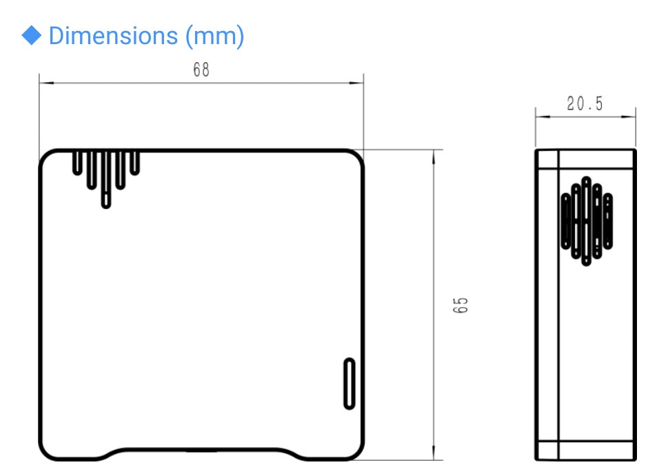 Milesight WS302 sound level sensor size drawing 68 × 65 × 20.5 mm
