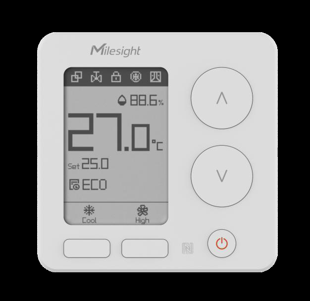 Milesight WT303 and WT304 Smart Fan Coil Thermostat front view with e-ink display and control buttons