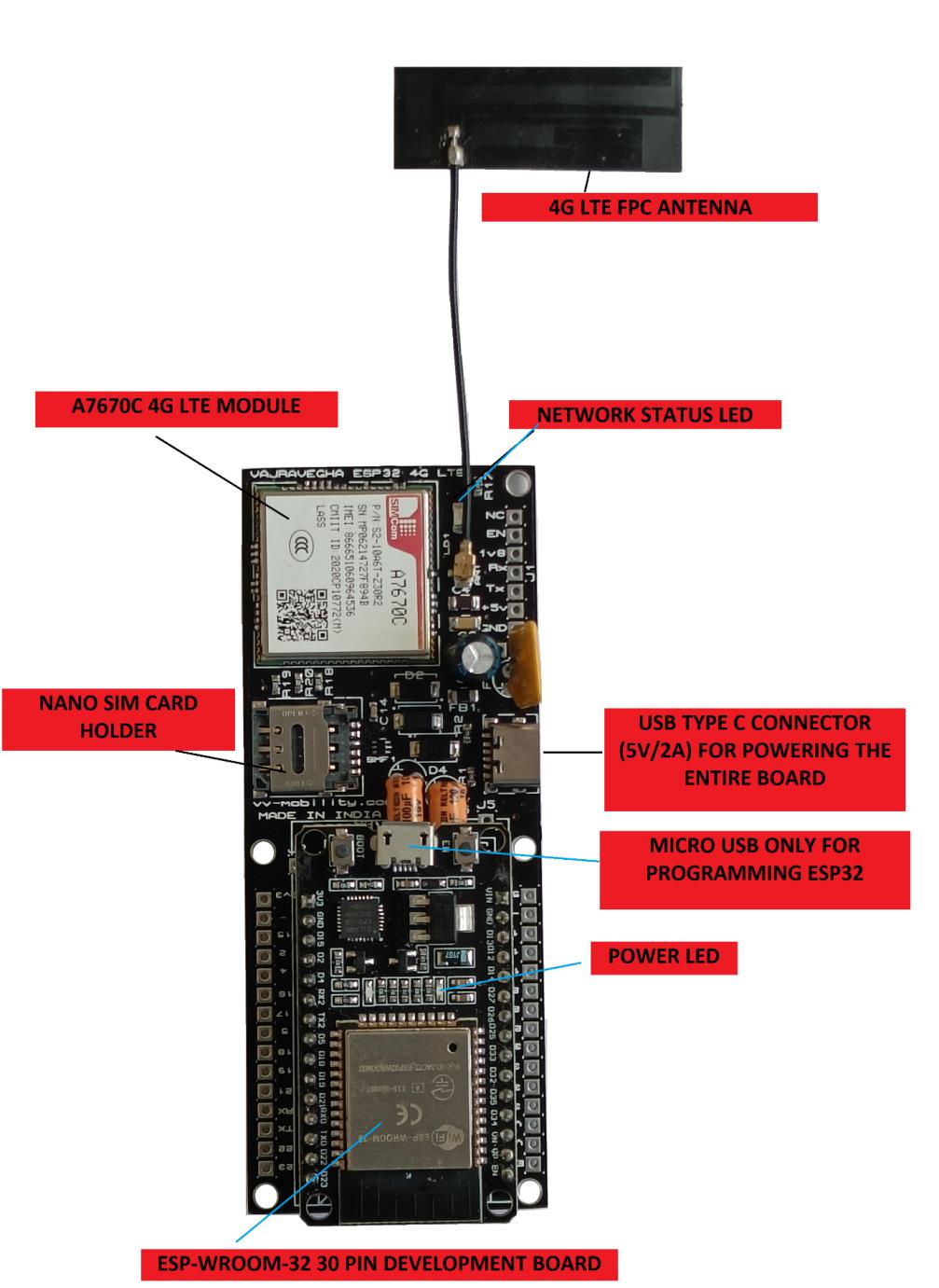 VVM501 ESP32 4G LTE A7670 module labelled board view
