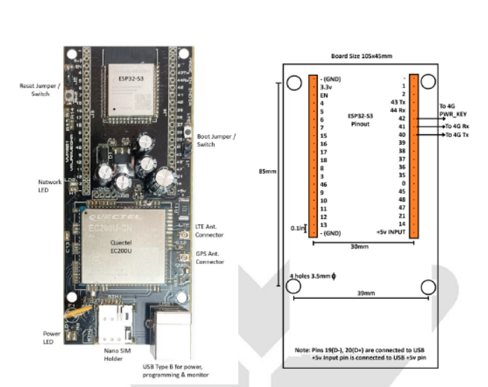 VVM601 ESP32-S3 Quectel EC200U board pinout and layout