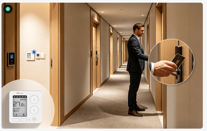 Milesight WT303 WT304 smart fan coil thermostat hotel application with door keycard controls