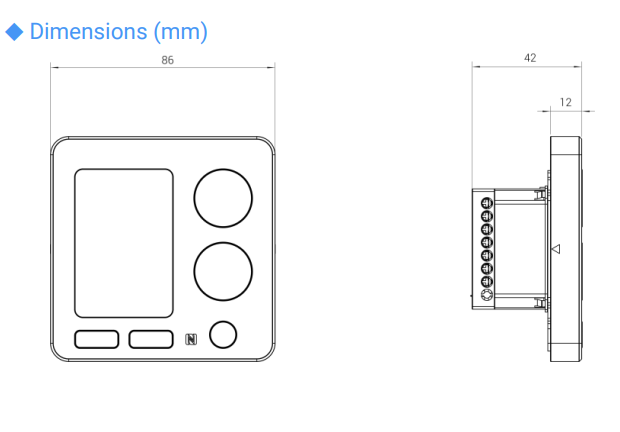Milesight WT303 WT304 thermostat dimension diagram front and side view, 86 x 86 x 42 mm