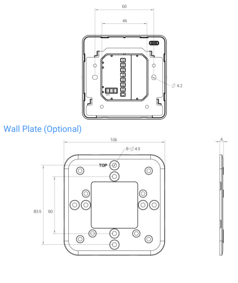 Milesight WT303 WT304 thermostat rear mounting and optional wall plate dimension drawings